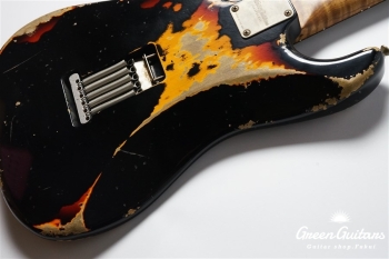 XSC-2 - Black over 3 Tone Burst / Heavy Aged / Alder / 5A Grade Flame Maple Neck